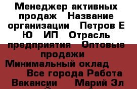 Менеджер активных продаж › Название организации ­ Петров Е.Ю., ИП › Отрасль предприятия ­ Оптовые продажи › Минимальный оклад ­ 30 000 - Все города Работа » Вакансии   . Марий Эл респ.,Йошкар-Ола г.